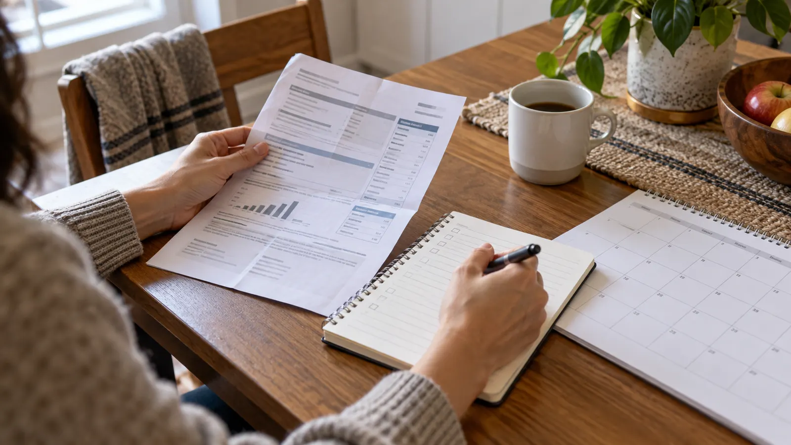 Person comparing a household bill with a notebook budget and calendar