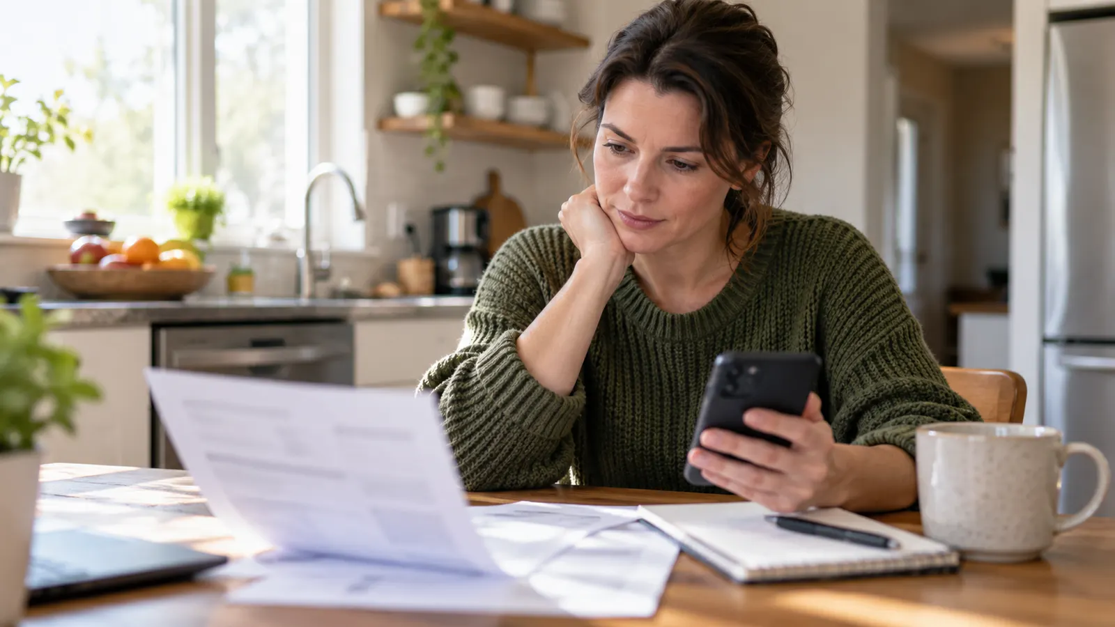 Person reviewing a bill and phone while considering an urgent expense